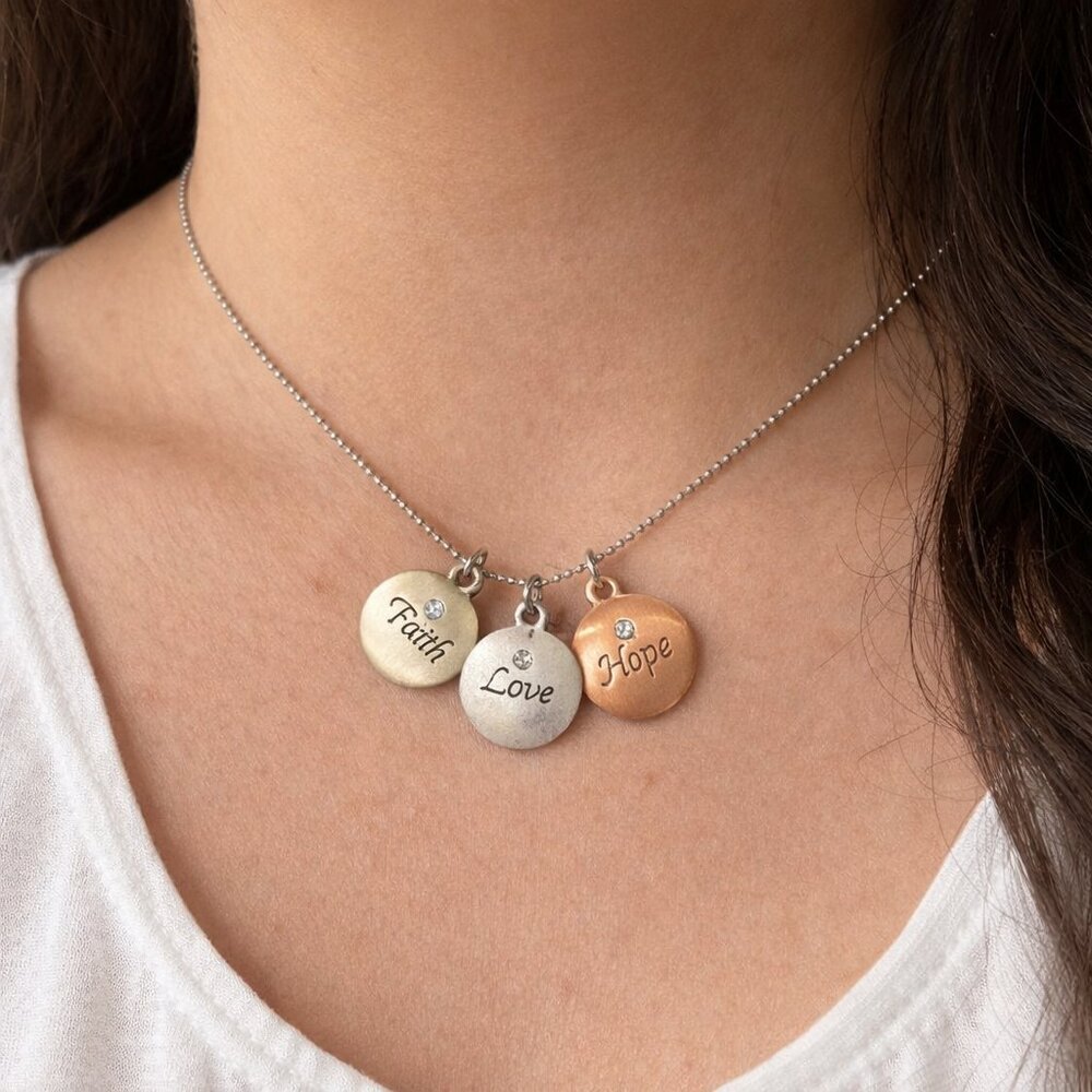 Faith Love Hope Charm Mix Metal Necklace in Gift Box